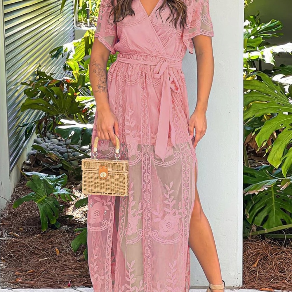 Elegant Pink Lace Wrap Dress lace gown wedding dress
